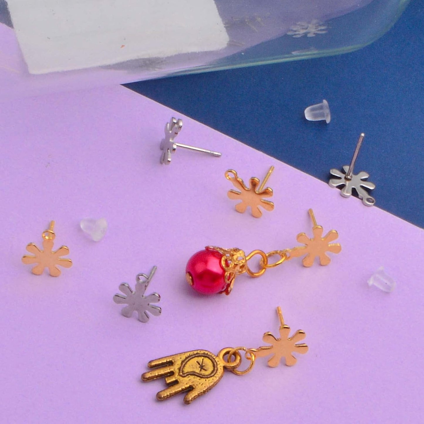 20pcs Stainless Steel Snowflake Earring Posts with Loops Hypoallergenic Stud Earrings with 20pcs Clear Earring Safety Backs for DIY Jewelry Making Findings, 2 Colors