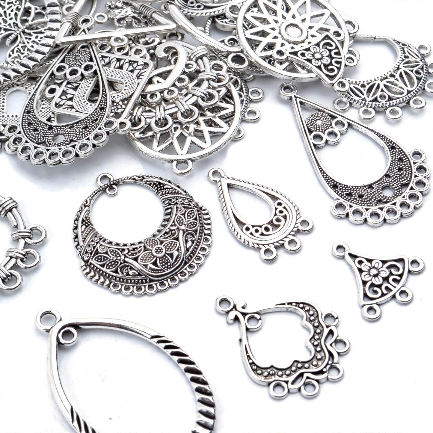 30 Pieces Antique Silver Chandelier Earrings Earring Component Connector Charms Jewelry Making for Earring Drop and Charm Pendant, 15 Styles