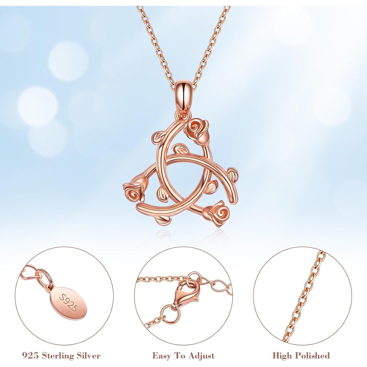 925 Sterling Silver Rose Flower Love Irish Celtic Knot Peace Sign Infinity Triquetra Trinity Protection Pendant Necklace for Mother Women Jewelry Gifts Nudo De Bruja