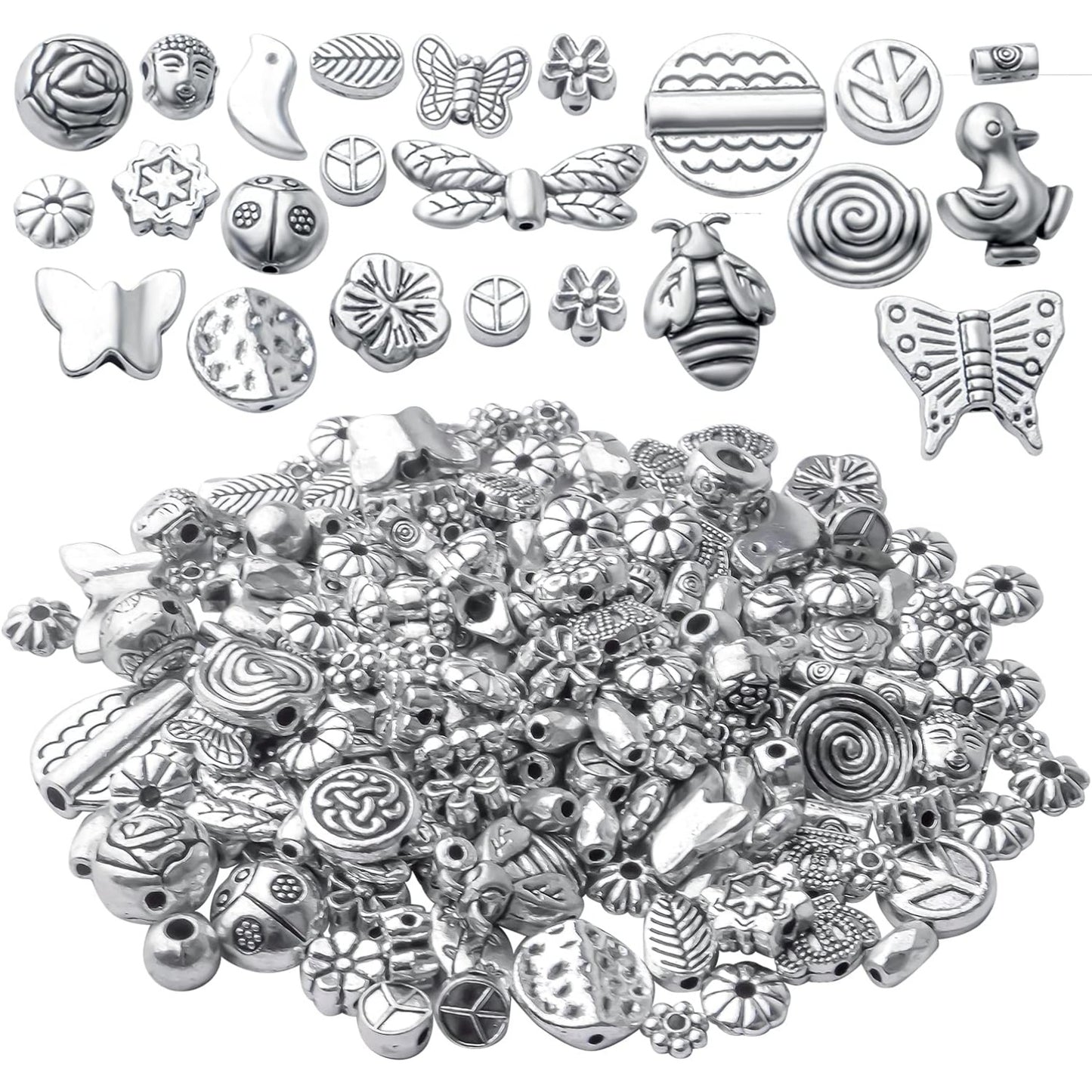 100g Antique Silver Spacer Beads Tibetan Alloy Ball Leaf Butterfly Flower Animal Spacers Loose Beads Spacer Charm Beads Craft Supplies for DIY European Bracelet Necklace Jewelry Making
