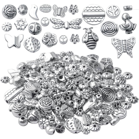 100g Antique Silver Spacer Beads Tibetan Alloy Ball Leaf Butterfly Flower Animal Spacers Loose Beads Spacer Charm Beads Craft Supplies for DIY European Bracelet Necklace Jewelry Making
