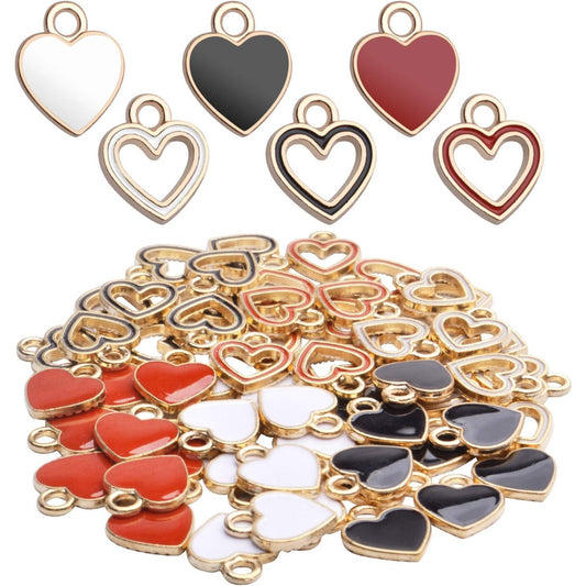 Heart Charm Pendant,60pcs Gold Plated Enamel Red White Black Hollow Heart Charms Pendants Jewellery Making Findings for Necklace Bracelet Crafting DIY,10x12mm