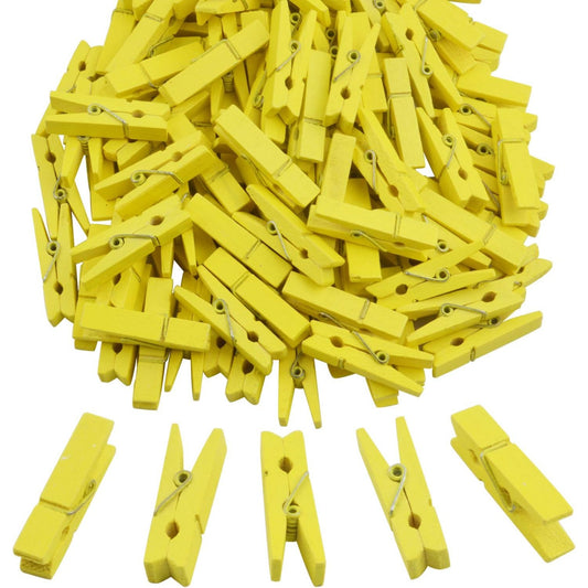 BronaGrand 100pcs Mini Yellow Wooden Utility Paper Clips, Clothespins, Photo Clips