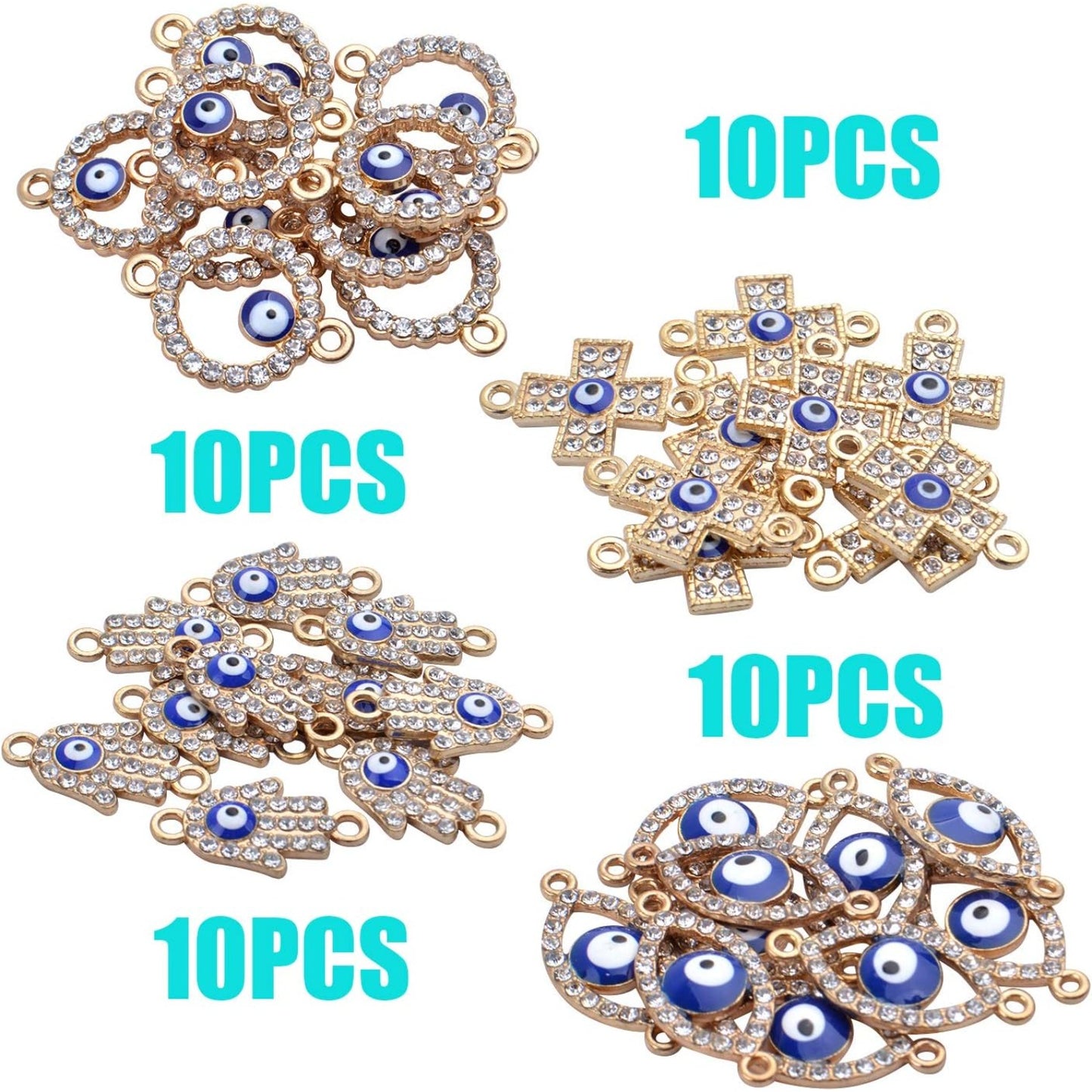 40pcs Evil Eye Connectors Pendants Bracelet Rhinestone Connector Bead Charms Round Cross Hand Eye Forms for Bracelet Necklace Crafts DIY,Gold