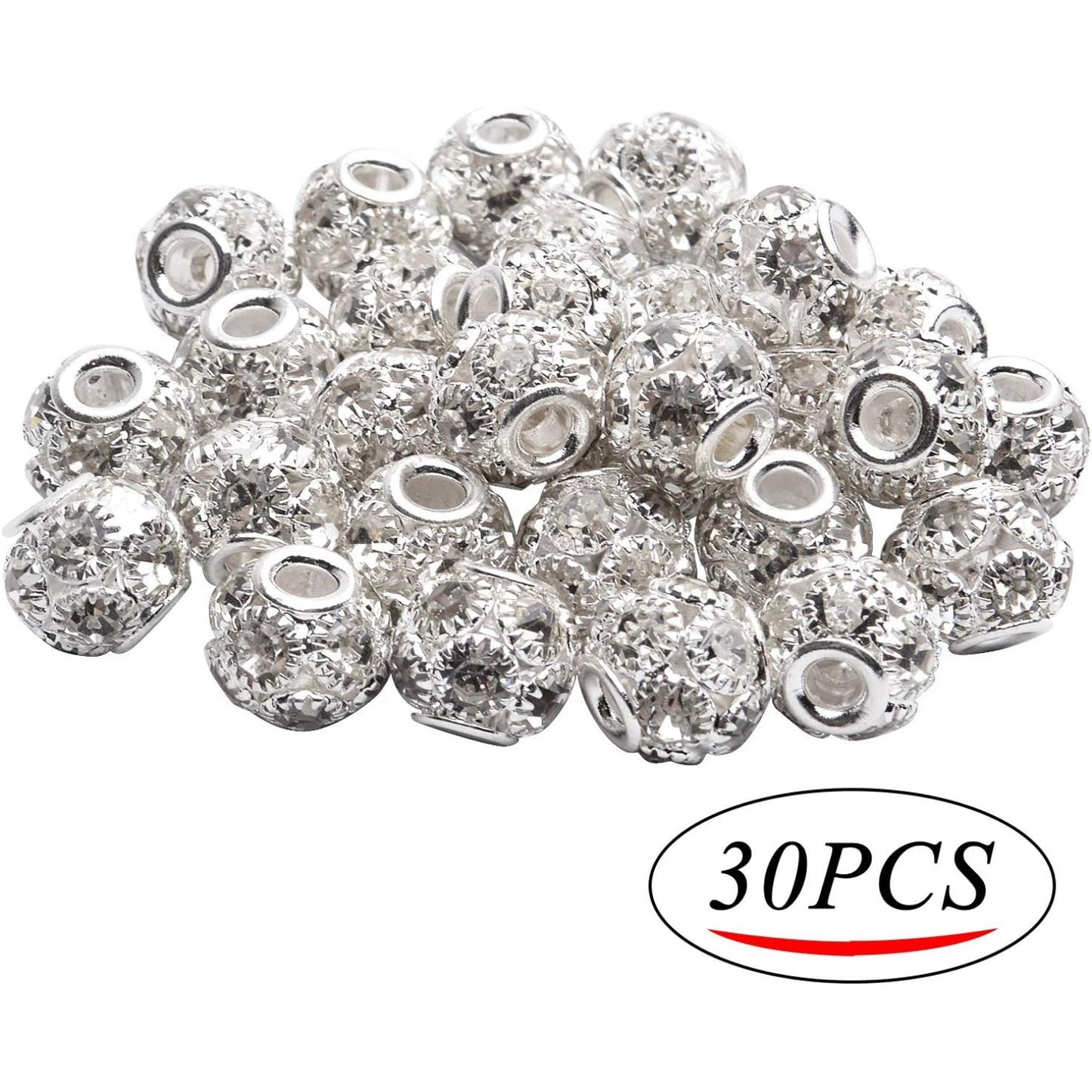 Rhinestone Spacer Beads, 30pcs 10mm Silver Rhinestone Pave Crystal Brass Beads European Rondelle Beads Round Spacer Beads for Bracelet Nacklace Jewelry Making Wedding Party Decoration