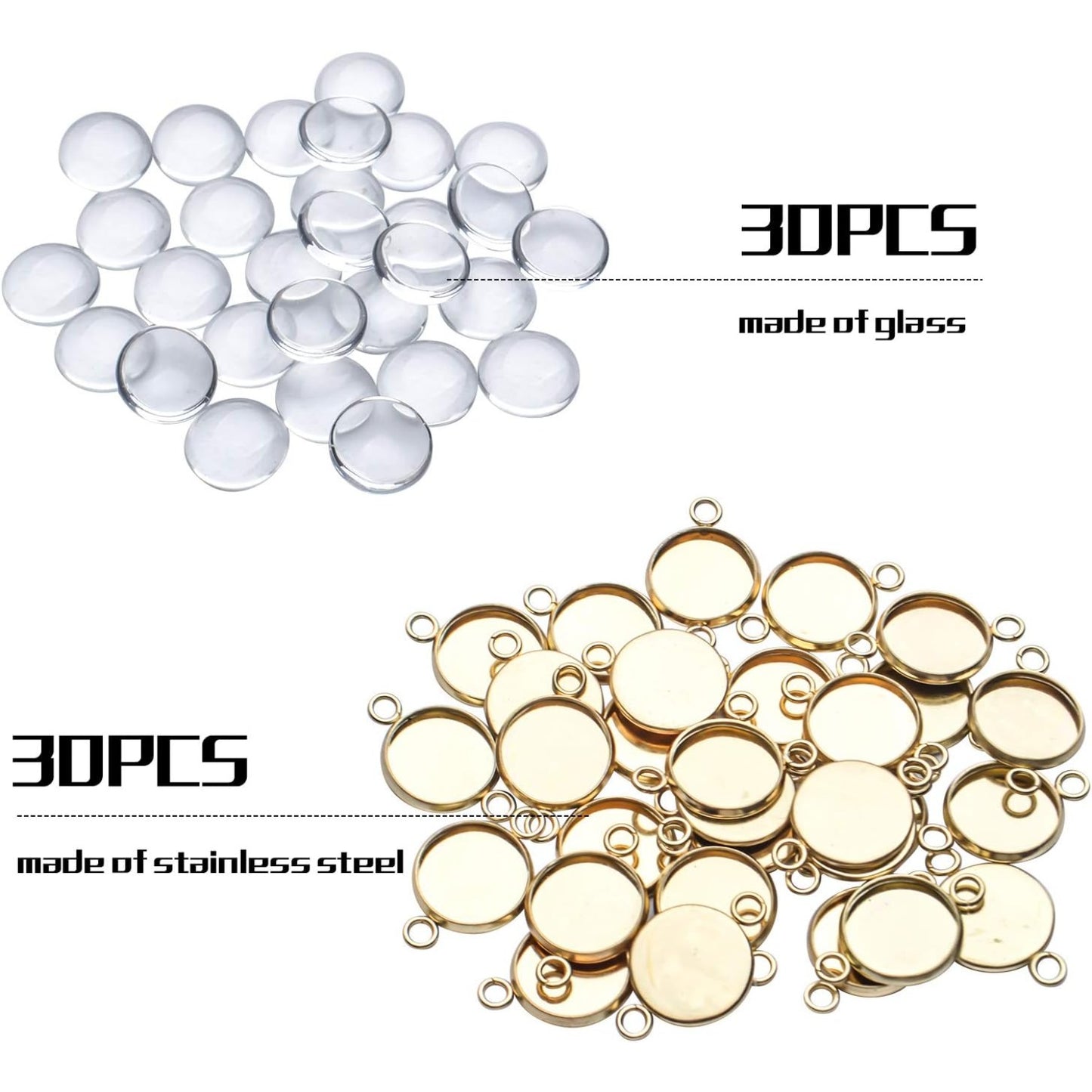 Pendant Blanks,30 Pcs 12mm Stainless Steel Bezel Pendant Double Holes Connector Trays Pendant Blanks with Clear Glass Cabochons for Photo Pendant Craft Jewelry Making