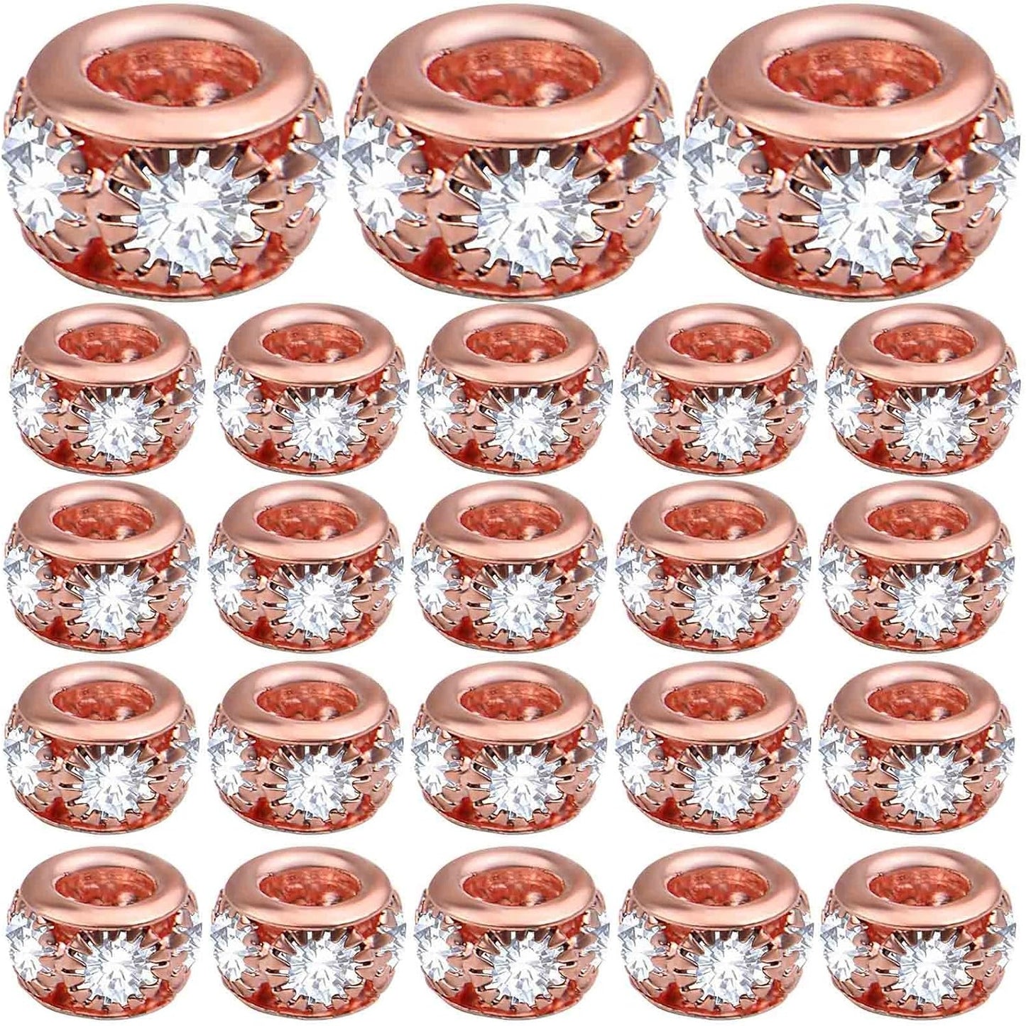 40pcs Rose Golden Crystal Rhinestone Spacer Beads European Large Hole Rondelle Beads for DIY Bracelet Snake Chain Jewelry Making Handmade Decor, Hole: 3.9 mm