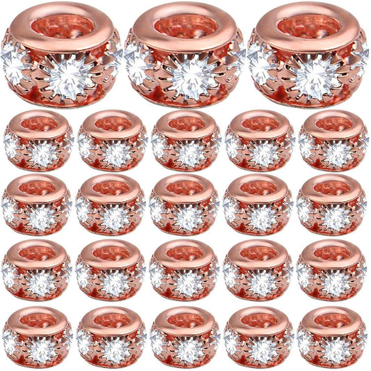 40pcs Rose Golden Crystal Rhinestone Spacer Beads European Large Hole Rondelle Beads for DIY Bracelet Snake Chain Jewelry Making Handmade Decor, Hole: 3.9 mm