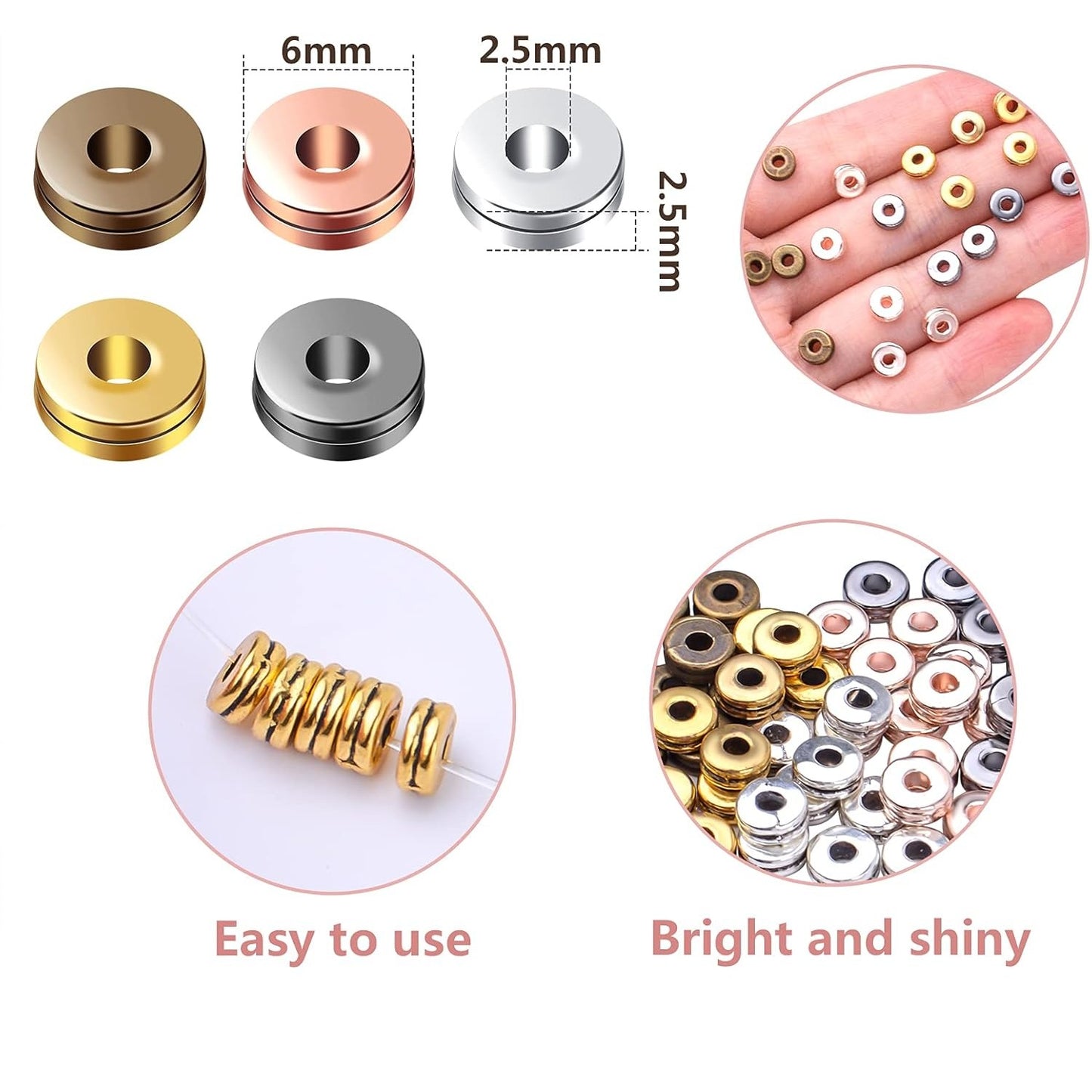 Metal Spacer Beads,200pcs Flat Round Disc Rondelle Spacer Beads Metal Rondelle Beads Spacers for Jewelry Making(6mm) - Silver and Golden
