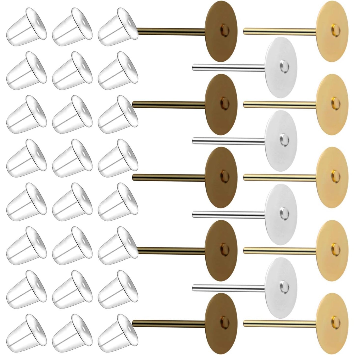 300pcs Stainless Earring Posts Flat Pads with 300pcs Clear Bullet Earring Backs for Jewelry Making,Gold Silver Bronze