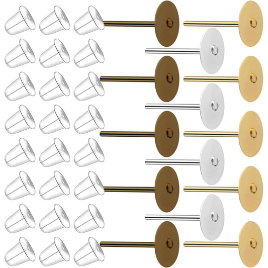 300pcs Stainless Earring Posts Flat Pads with 300pcs Clear Bullet Earring Backs for Jewelry Making,Gold Silver Bronze