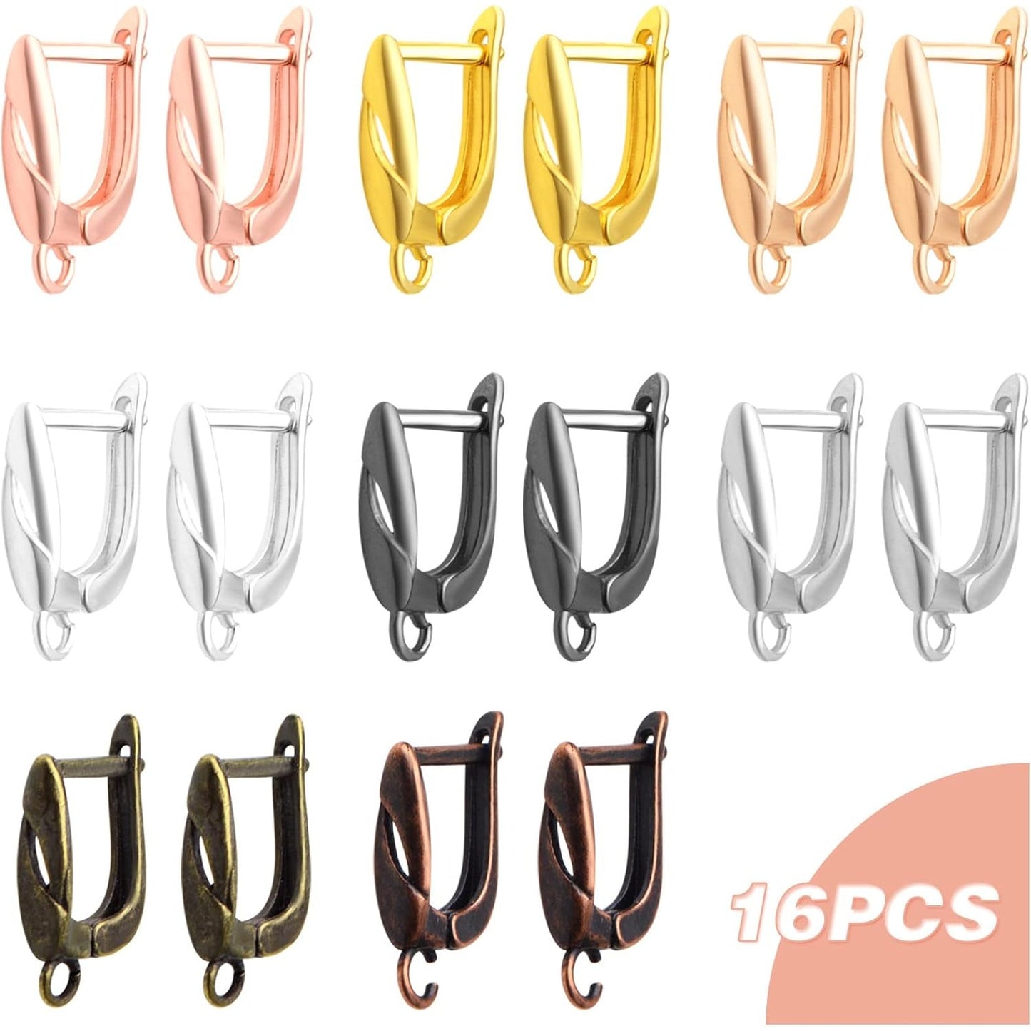 16pcs 8 Colors Rectangle French Earring Hooks Hypoallergenic Brass Leverback Earring Hooks Ear Wire with Open Loop for DIY Earrings Design Jewelry Making Accessories