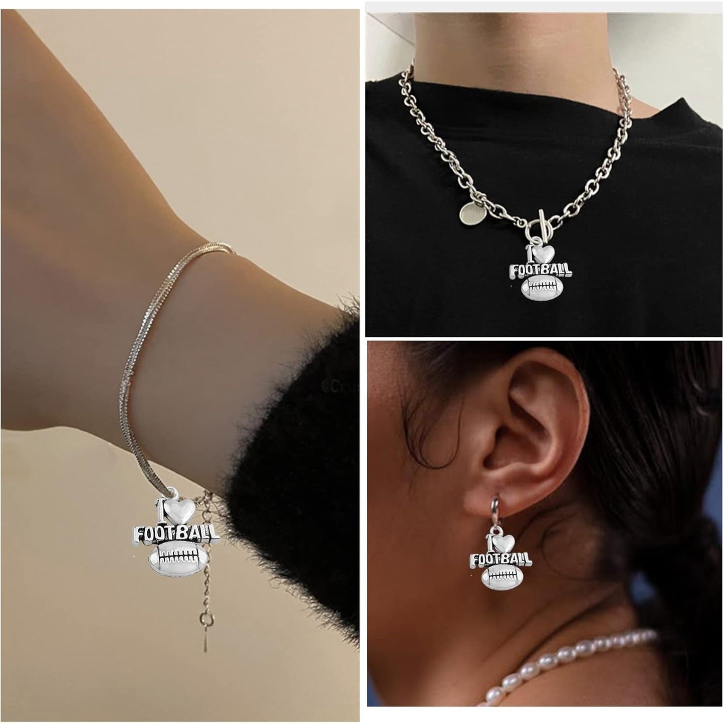 50 Pieces Antique Silver Football Charms Pendants Tibetan Alloy I Love Football Dangle Charms for DIY Necklace Crafts Jewelry Making