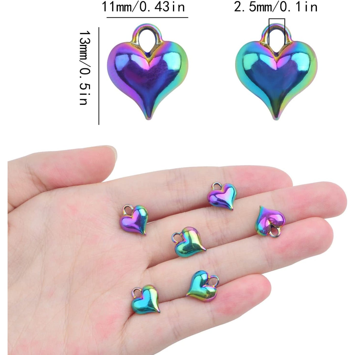 10pcs Rainbow Color Heart Shape Charms Alloy Love Heart Pendants Smooth Puff Heart Drop Charms Craft Supplies for DIY Necklace Bracelet Earrings Jewelry Making