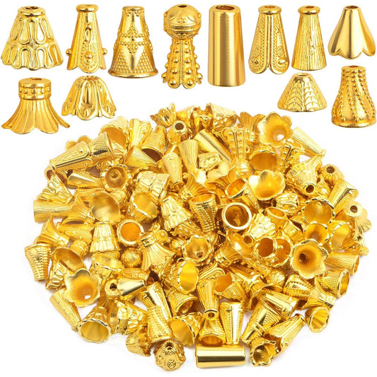 100 Gram (About 110-150pcs) Mixed Flower Spacer Bead Caps Alloy Cone Bead Caps Jewelry Findings Accessories for DIY Bracelet Necklace Tassel Crafts Decor, Bright Golden