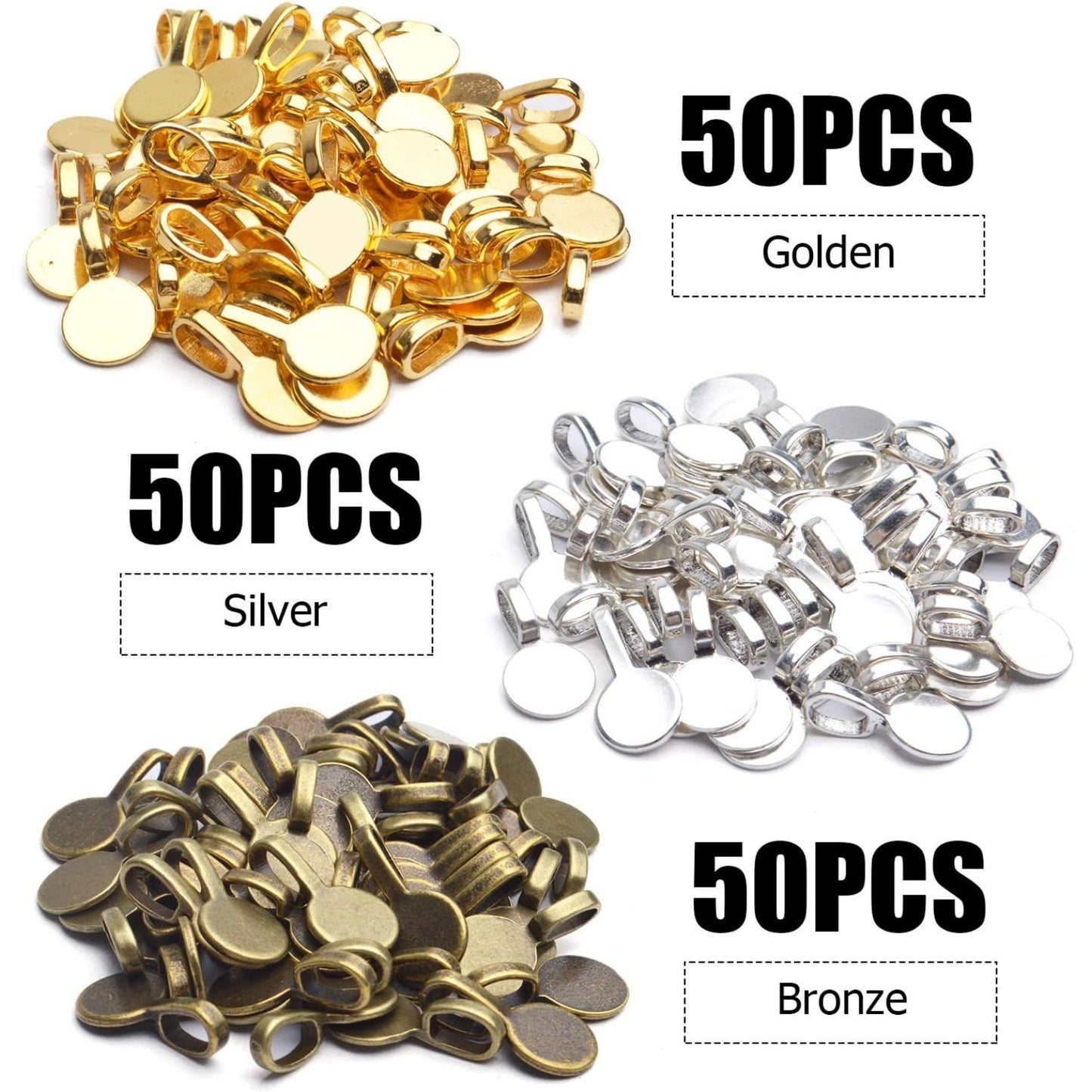 Tibetan Round Glue-on Bails Pendants, 150pcs Alloy Flat Pad Bails Pendant Cabochon Jewellery Findings Fit Necklace Bracelet Earring, 18x10mm, Golden, Silver, Bronze