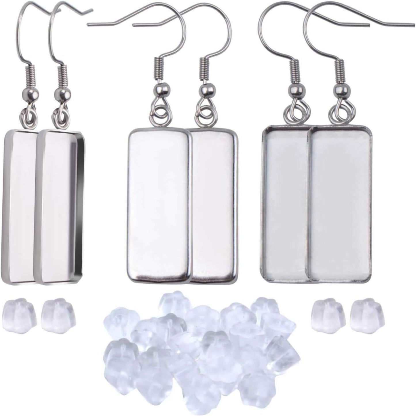 20-Piece Stainless Steel Earring Kit with 10x25mm Blank Rectangle Trays, 20 Silicone Earring Backs, DIY Jewelry Making