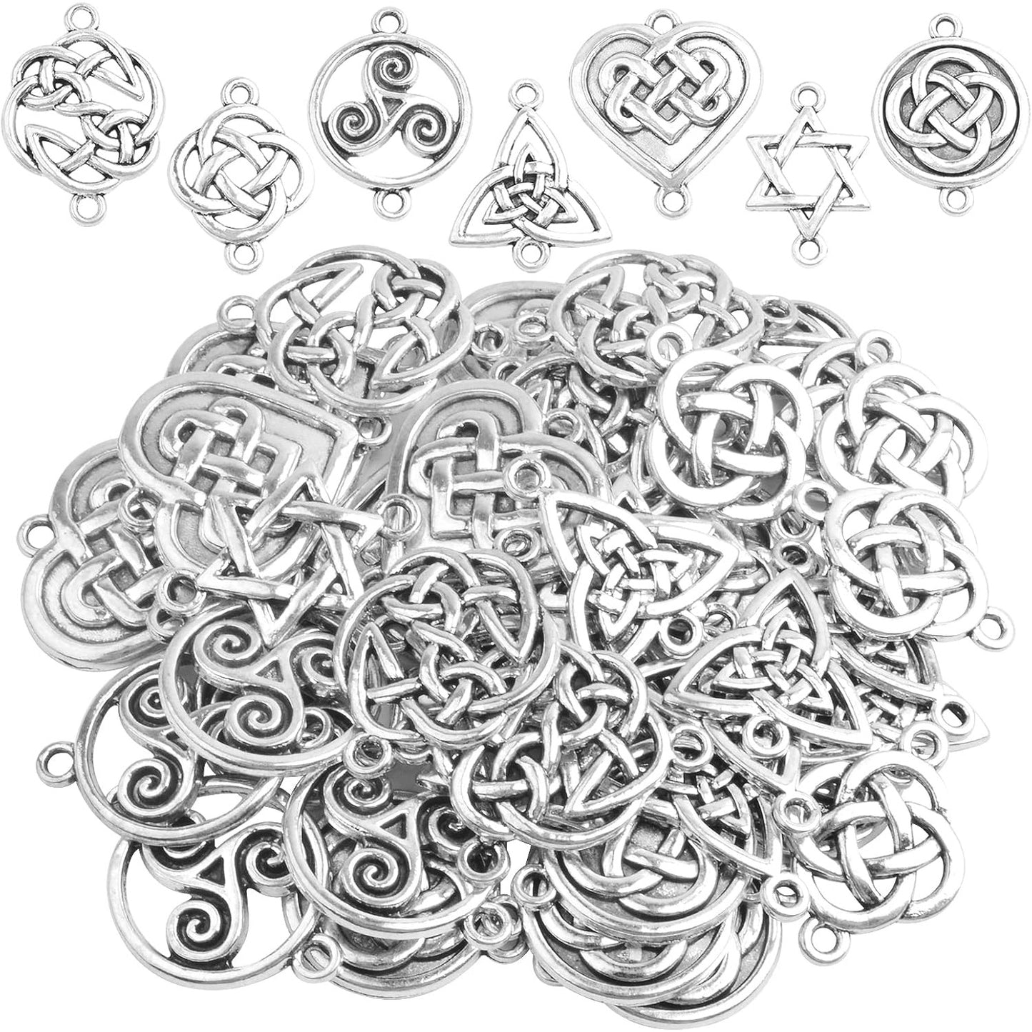 42pcs Celtic Knot Charms Irish Traditional Pendants Tibetan Alloy Flower Triangle Heart Knot Links Good Luck Chinese Knot Connectors for DIY Jewelry Making Bracelet, 7 Styles,Antique Silver