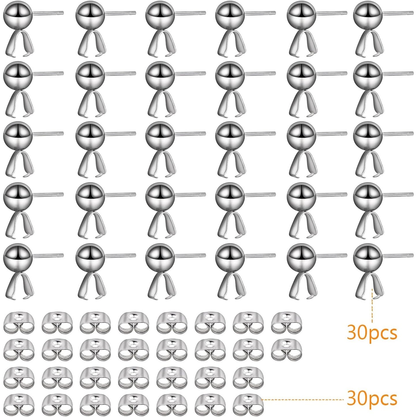 30pcs Stainless Steel Ball Post Earring Studs with Pendant Claps Round Ball Earring Posts and 30pcs Butterfly Earring Backs Set for DIY Jewelry Making Supplies