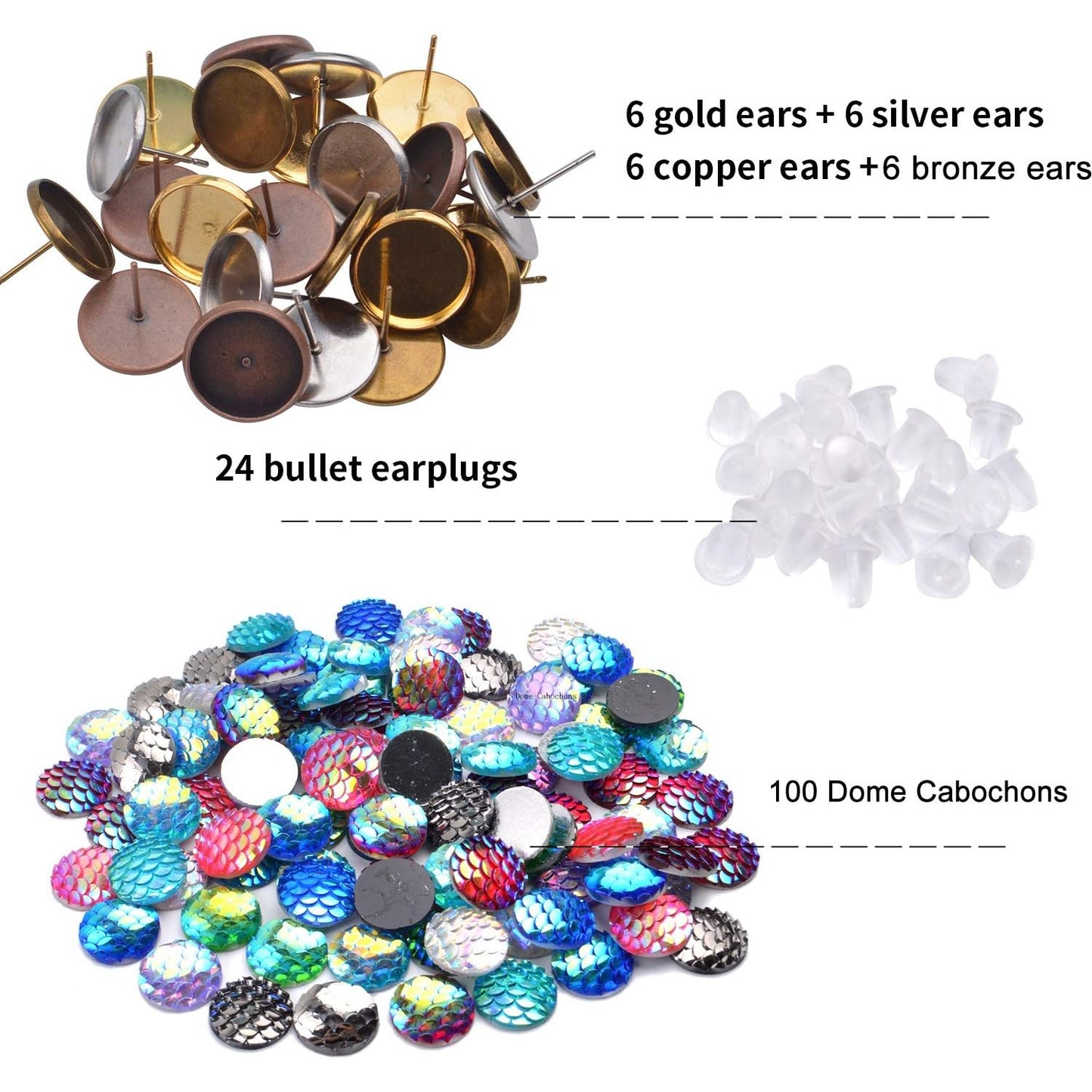 Cabochon Earring Setting, 24 Pieces Stainless Steel Bezel Stud Blanks and and 100 Pieces Fish Scale Glass Cabochons 24 Pieces Bullet Earring Backs for Earring Making