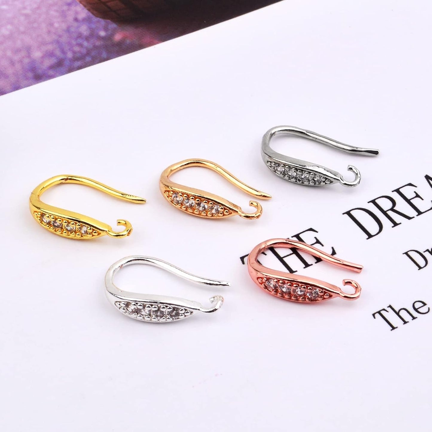 10pcs Cubic Zirconia Earring Hooks Hypoallergenic Brass Ear Wire Fish Hooks with Dangle Loop Rhinestone Earring Connectors for DIY Earrings Jewelry Making, 5 Colors