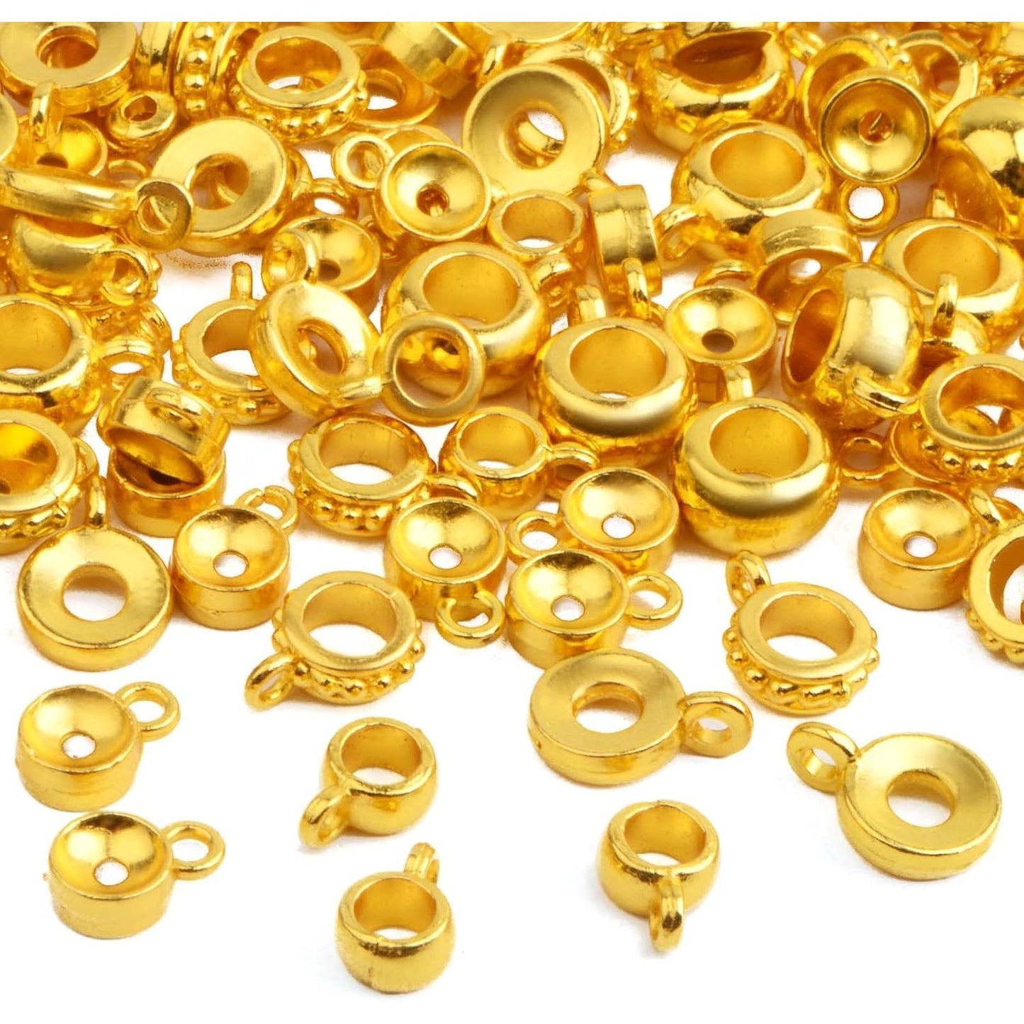 100 Gram Bright Golden Bail Tube Beads Mixed Alloy Bail Beads Connectors Rondelle Spacer Bead Hanger Links for DIY European Bracelet Pendant Jewelry Making, 5 Styles