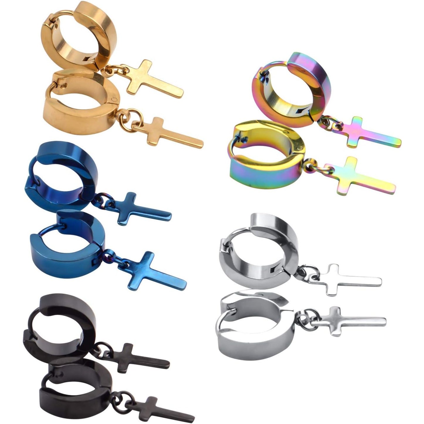 5 Pairs Stainless Steel Hoop Earrings Small Hypoallergenic Hoops Huggie Earrings with Cross for Men Women,5 Colors