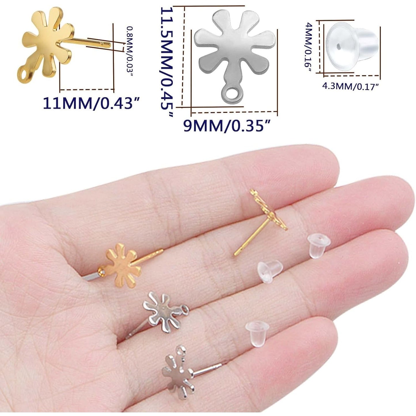 20pcs Stainless Steel Snowflake Earring Posts with Loops Hypoallergenic Stud Earrings with 20pcs Clear Earring Safety Backs for DIY Jewelry Making Findings, 2 Colors