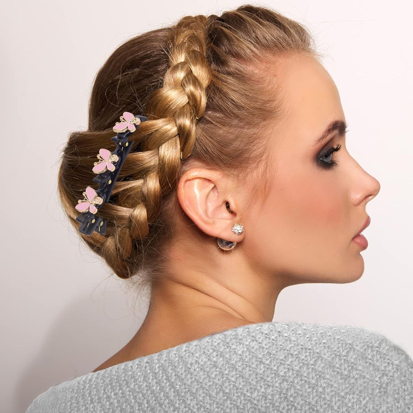 8pcs Butterfly Shape Braided Hair Clips with 3 Small Clips on Top Double Layer Rsvelte Hair Clip Barrettes with Butterfly for Women Girls Hair Sectioning Styling, 4 Colors