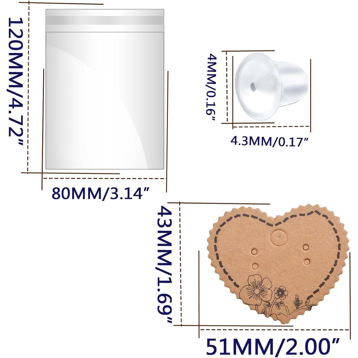 100pcs Heart Earring Card Holder Jewelry Display Cards and 100pcs OPP Self-Sealing Bags with 200pcs Clear Earring Backs for Necklace Earrings Jewelry Display, Brown
