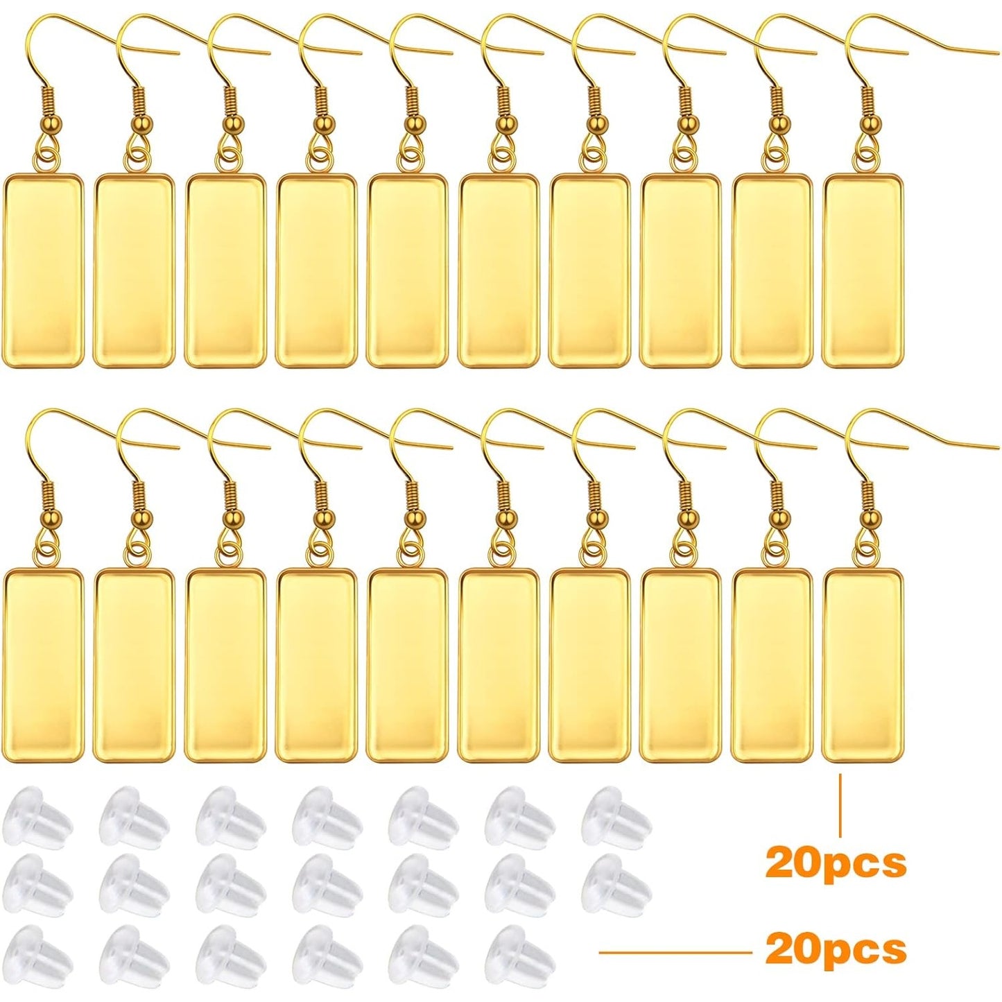 20-Piece Stainless Steel Earring Kit with 10x25mm Blank Rectangle Trays, 20 Silicone Earring Backs, DIY Jewelry Making