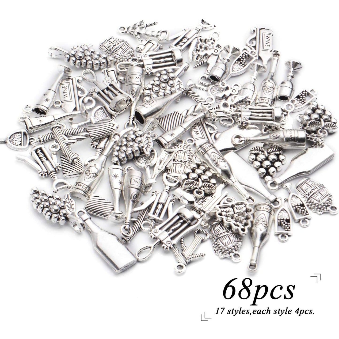 68pcs Tibetan Silver Pendants Wine Bottle Glass Opener Grape Wine Charms Accessories Jewelry Findings for DIY Necklace Bracelet