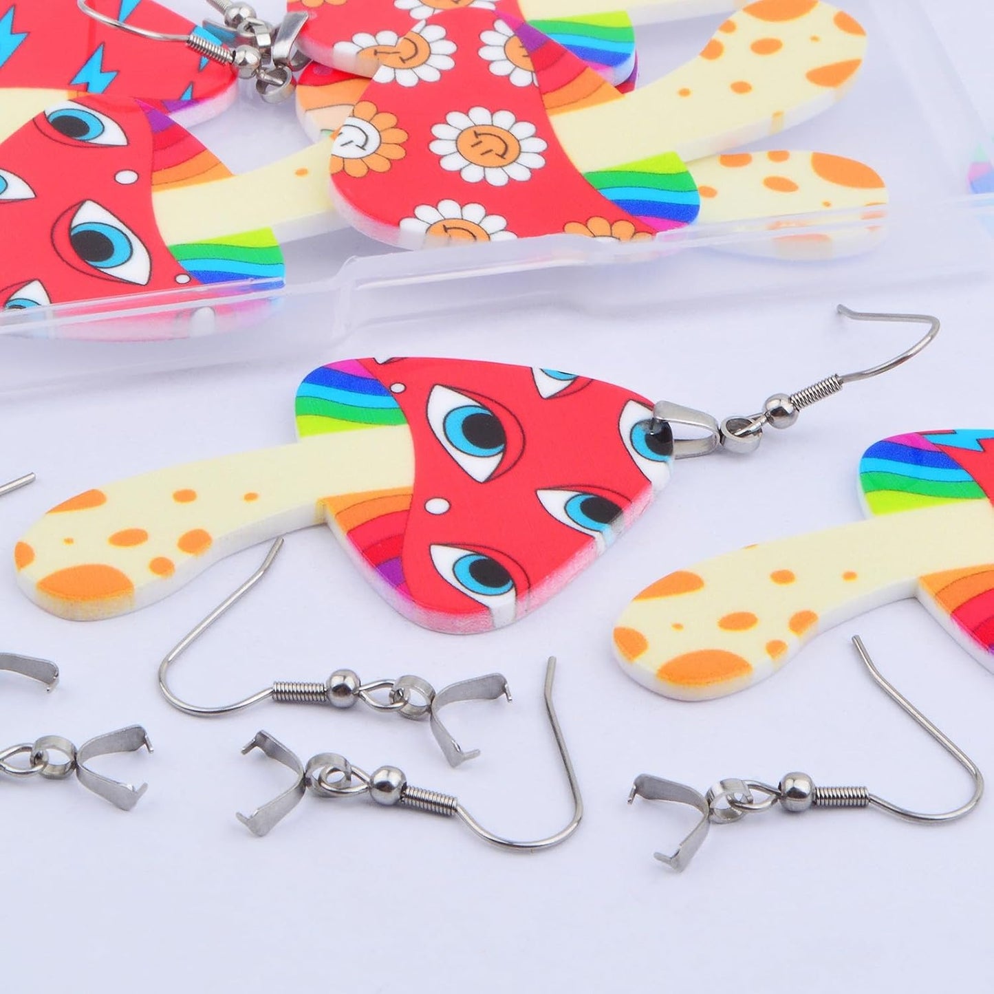 4 Pairs Acrylic Multicolor Mushroom Charms & 8pcs Silver Earring Hooks with Pinch Bail Clasps for DIY Jewelry Making
