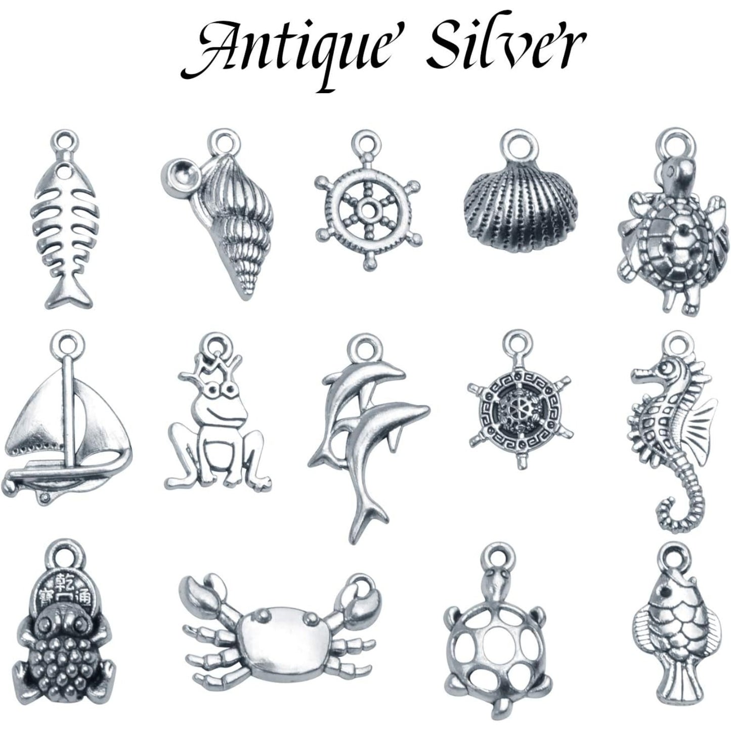 Sea Animal Charms, 50pcs Alloy Marine Life Pendants Ocean Fish & Sea Creatures Charms Pendants Jewelry Findings for DIY Necklace Bracelet, Silver