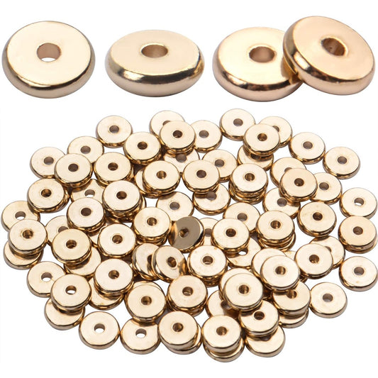 100pcs 8mm Flat Round Rondelle Spacer Beads Disc Spacers Loose Beads Jewelry Metal Spacers for DIY Bracelet Necklace Crafts,Gold