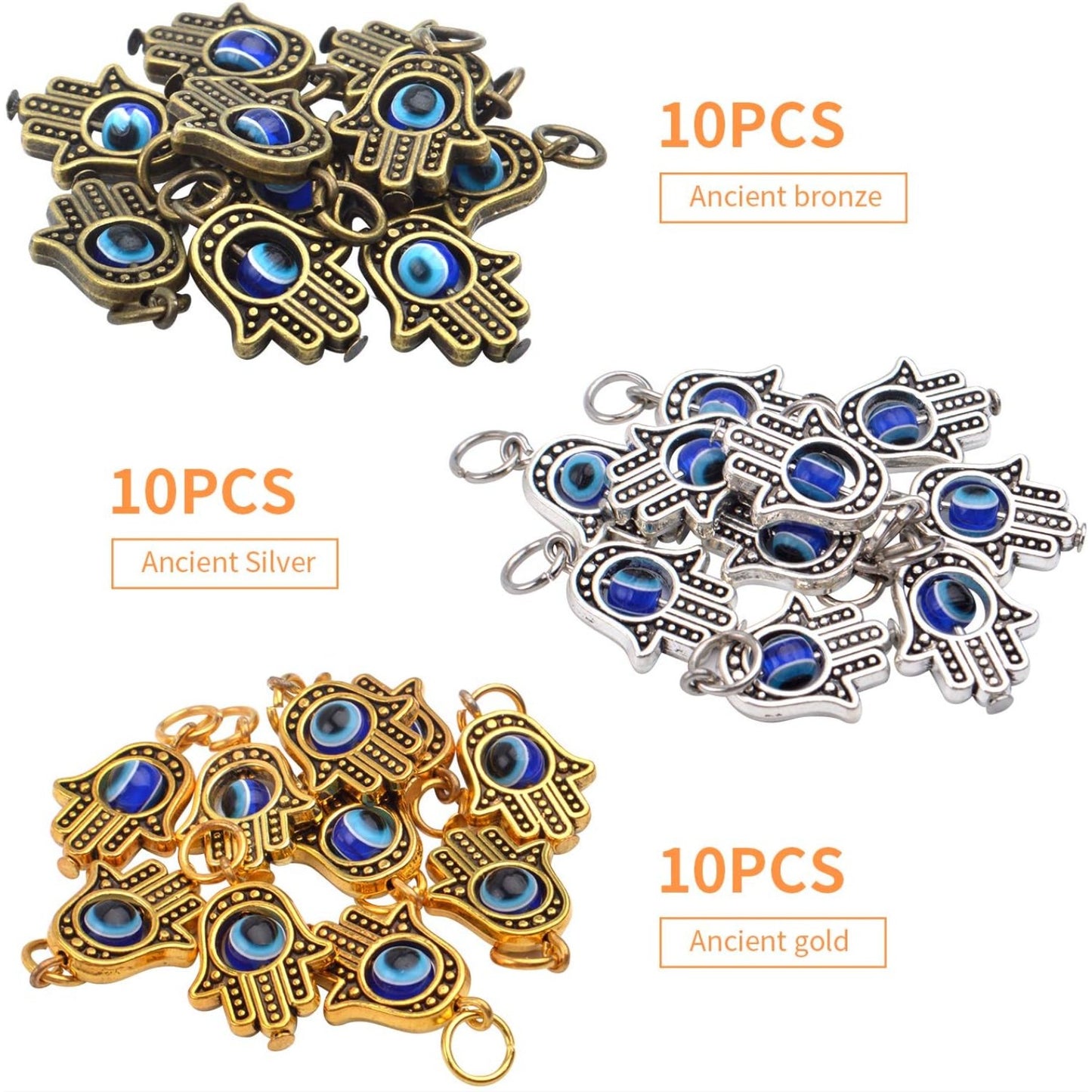 Hamsa Hand Beads Frame Charms,30 Pieces of Hamsa Evil Eye Pendant Hand of Fatima Symbol Charms Jewelry Making Findings for DIY Necklace Bracelet(Gold & Silver & Bronze)