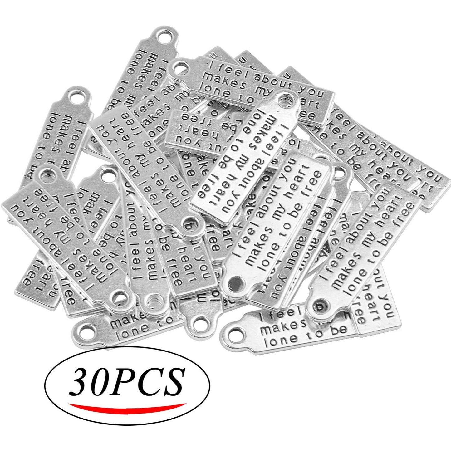 Word Charms Collection,30pcs Antique Silver Message Pendants Inspirational Lettering charms for Jewelry Making Decoration Crafting,30 x 8mm (i feel about you makes my heart lone to be free)