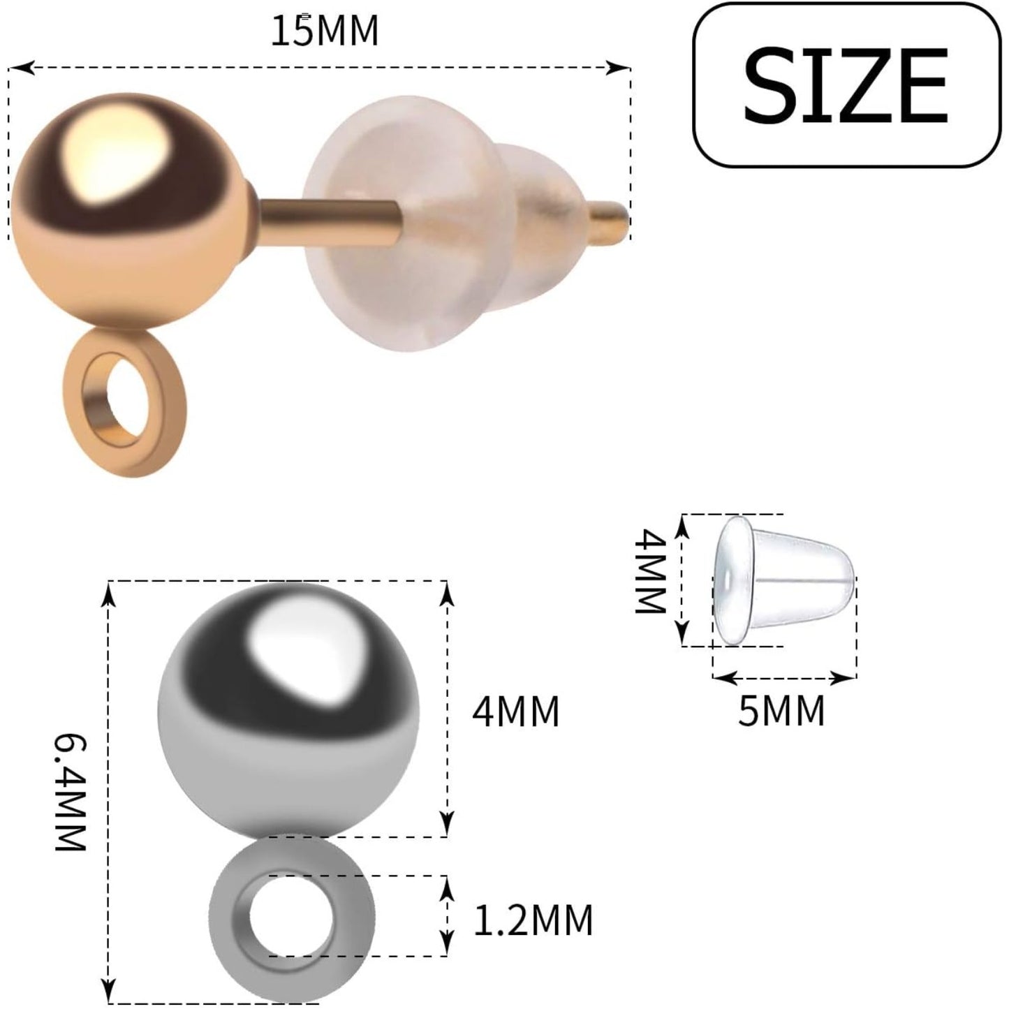 Ball Post Earrings with Loop, 40pcs 4mm Hypoallergenic Stainless Steel & Silicone Earring Studs & Backs, 4 Colors