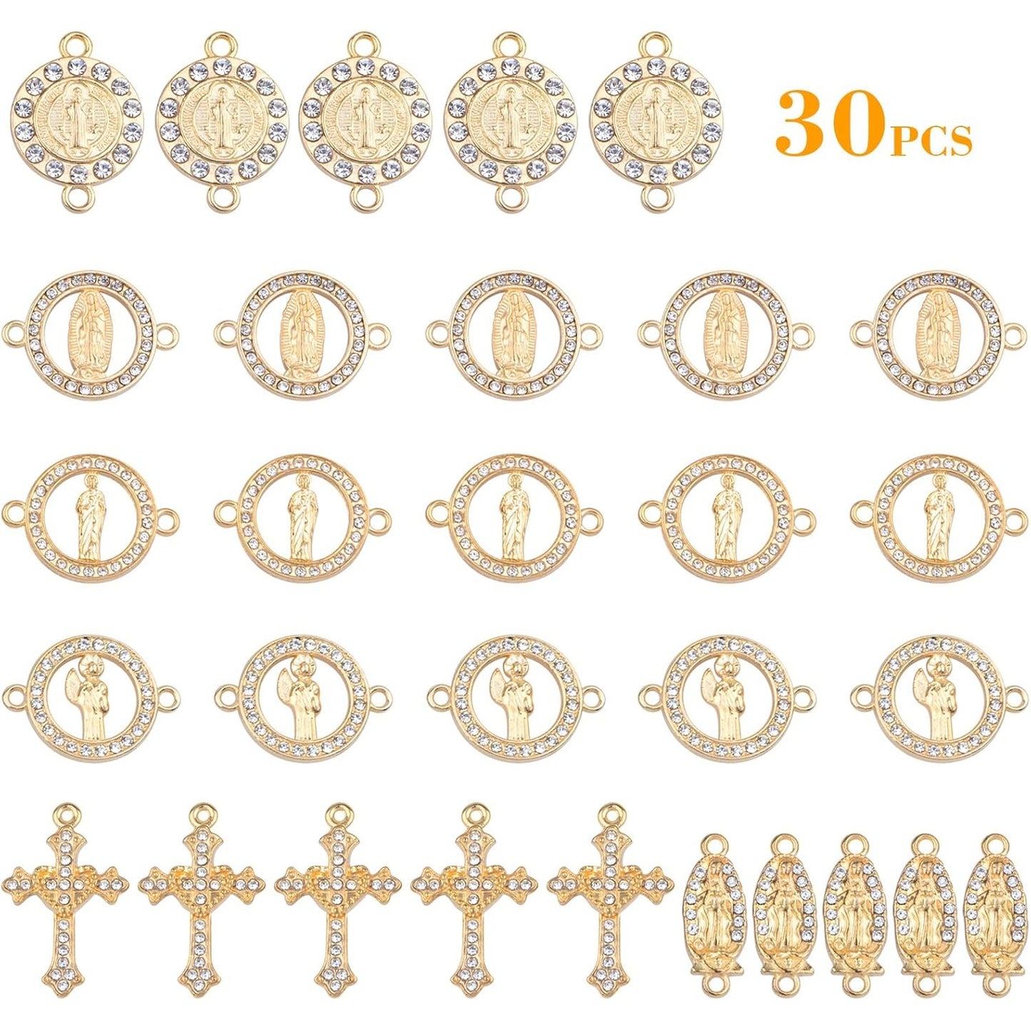 30pcs Golden Alloy Mixed Rhinestone Religious Cross and Center Miraculous Medal Charms Our Lady Virgin Mary Jesus Pendant Links for DIY Rosary Beads Necklace Jewelry Making, 6 Styles