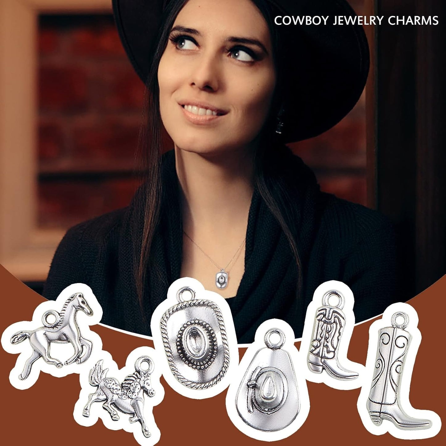 60pcs Antique Silver Western Cowboy Pendant Charms Alloy Mixed Western Horse Boot Hat Dangle Pendants for DIY Bracelet Necklace Jewelry Making Father's Day Gift, 6 Styles