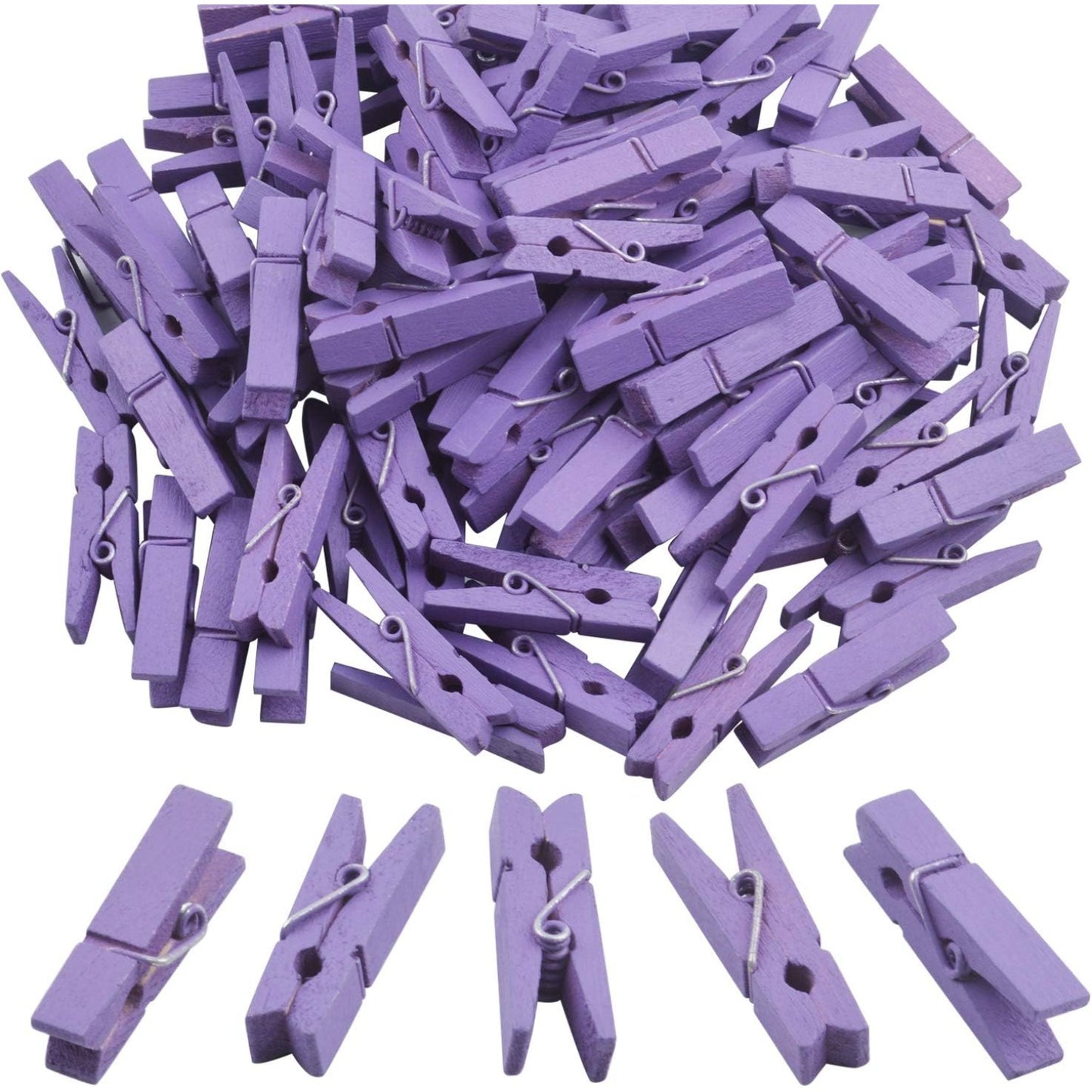 BronaGrand 100pcs Mini Purple Wooden Utility Paper Clips and Clothespins