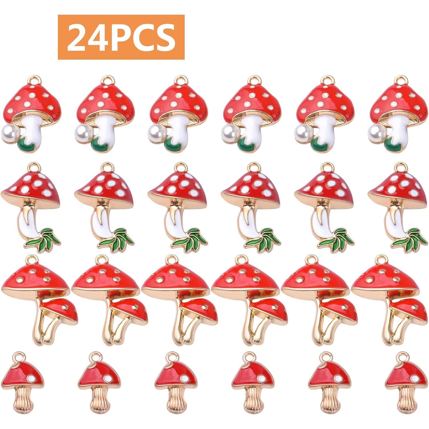 24pcs Enamel Mushroom Pendant Charms Red Cute Mushroom Charms Jewelry Making Accessories for DIY Earrings Necklace Bracelet Birthday Party Favor Gifts, 4 Styles