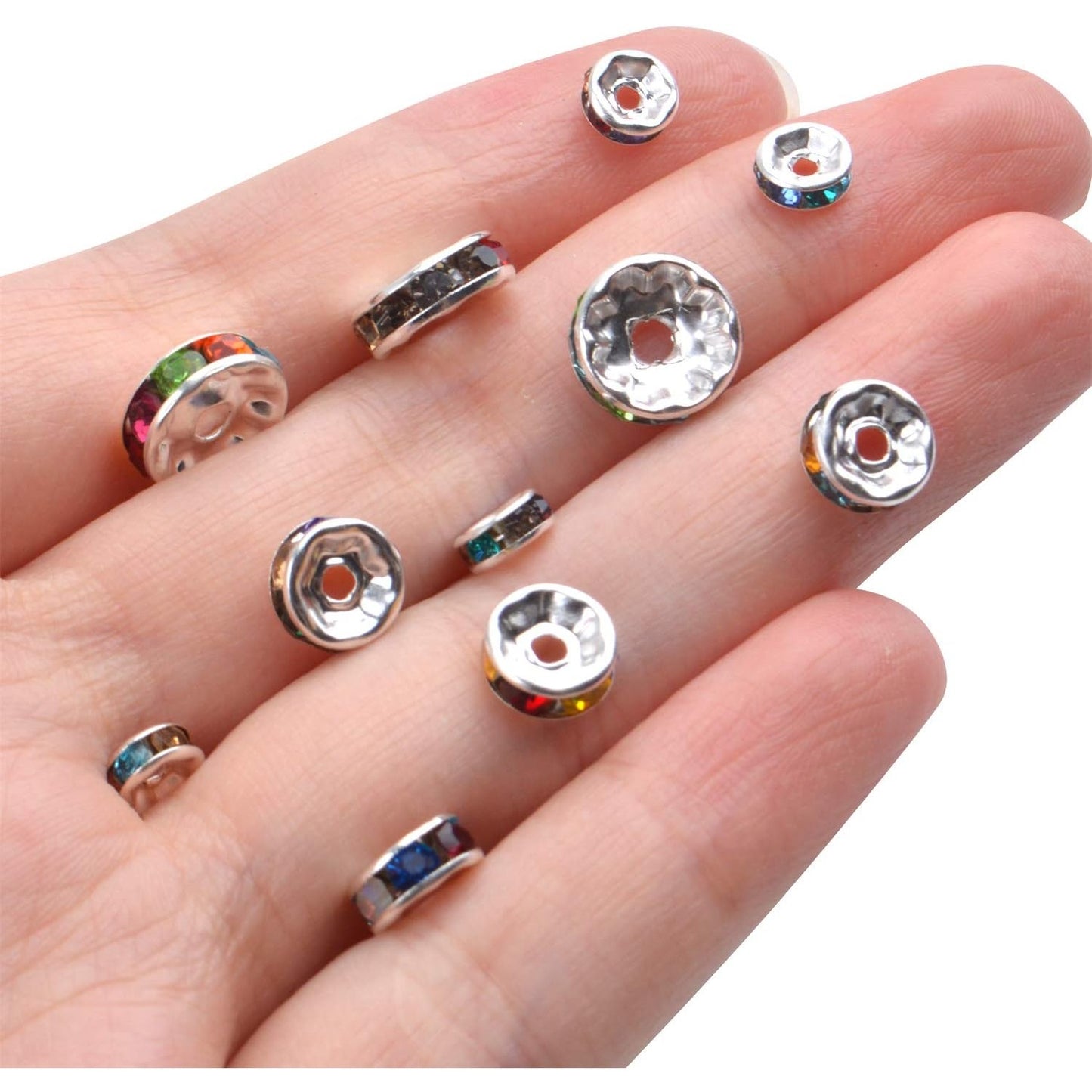 300pcs Multicolor Rhinestone Spacer Beads Mixed Crystal Rondelle Beads for Bracelets Necklaces Jewelry Making,6mm/8mm/10mm,Silver