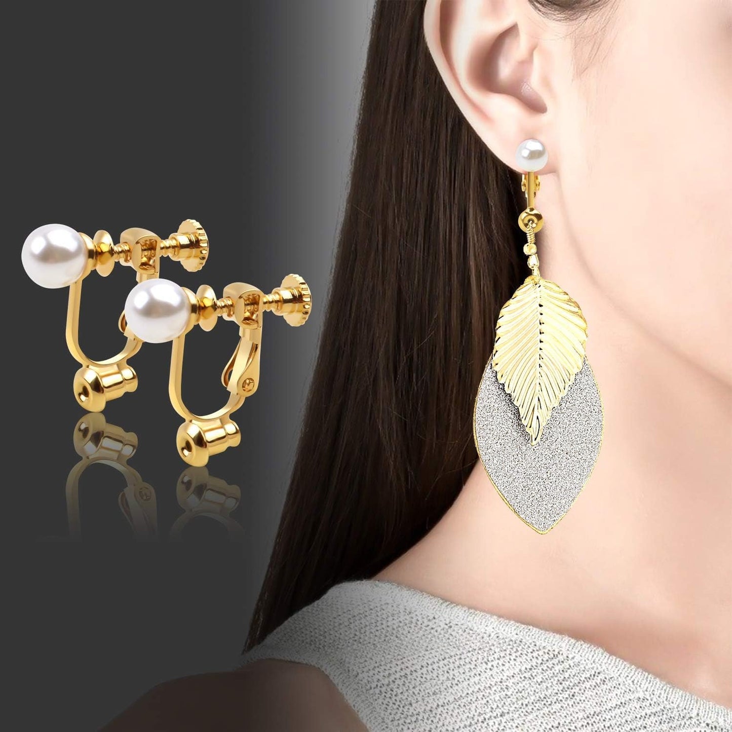 Clip-on Earring Converters, 12pcs Imitation Pearl Earring Clip Converter Screw Type Brass Earrings Findings with Loop for Non-Pierced Ears - Gold and Silver