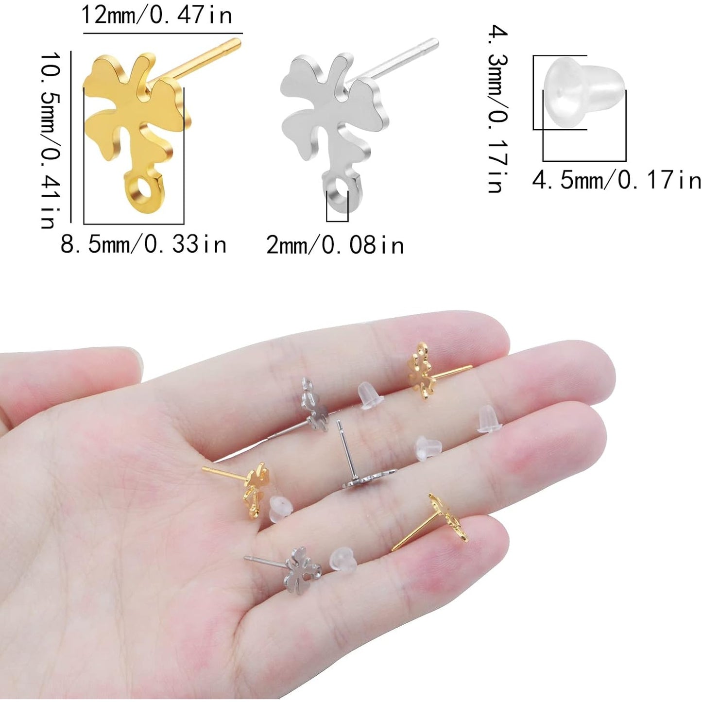 20pcs Stainless Steel Earring Posts with Loop Four Leaf Clover Stud Earrings and 20pcs Silicone Clear Earring Backs for Women DIY Jewelry Making Supplies Gifts, 2 Colors