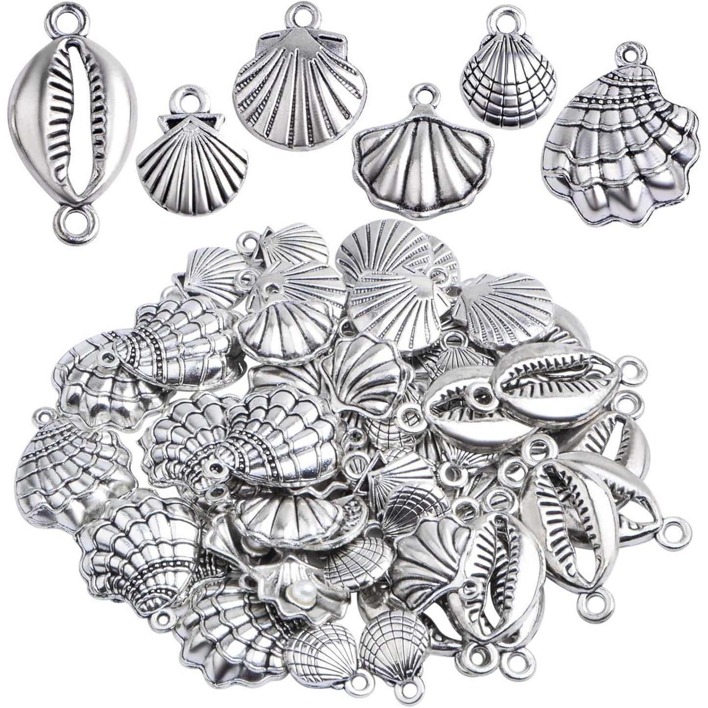 60pcs Antique Silver Sea Shell Charms Vintage Alloy Seashell Shape Ocean Life Dangle Pendants Craft Supplies for DIY Jewelry Making Birthday Party Gifts, 6 Styles