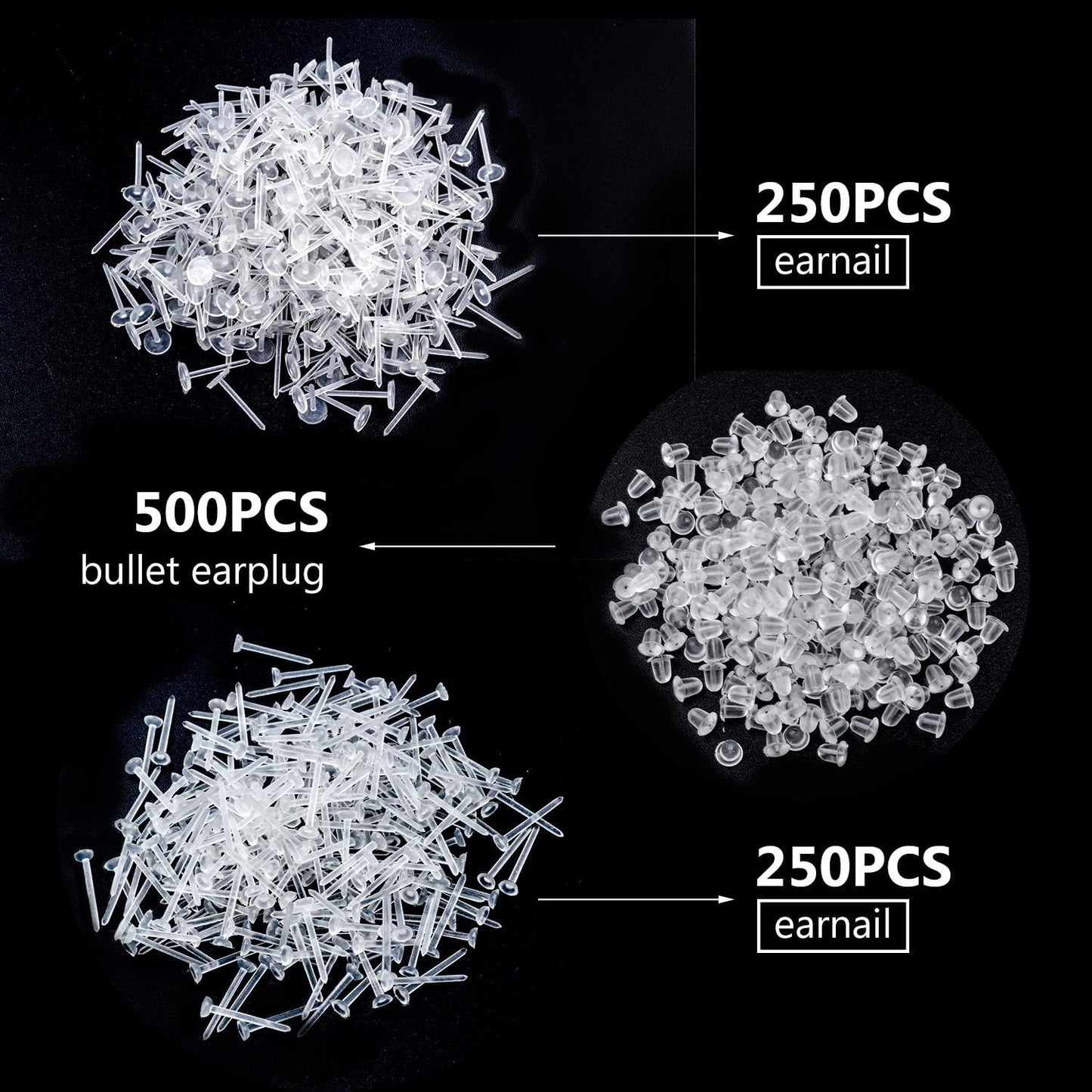 500 Pieces Plastic Earring Posts Clear Flat Ear Pins and 500 Pieces Silicone Backs Earnuts Earring Backs,2 Sizes