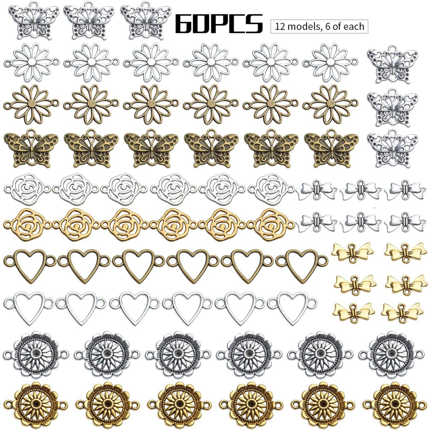 60pcs Craft Supplies Flower Heart Connector Charms Link Charms Pendants with 2 Holes for Bracelets Jewelry Making,6 Styles