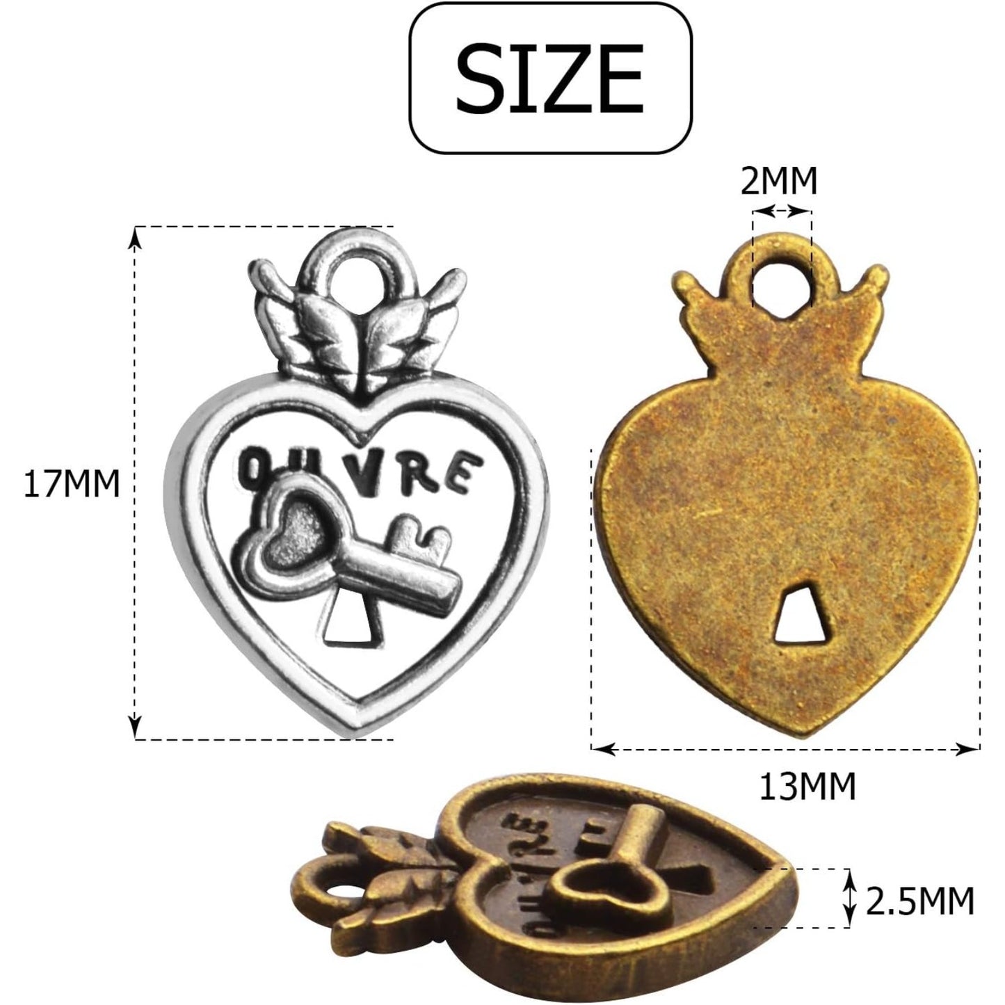Lock Charms Pendant, 50pcs Tibetan Style Heart Lock Charms Antique Alloy Lock Pendant Craft Supplies for Bracelets Necklace Jewelry Findings, Antique Silver and Antique Bronze, 17x13x2.5mm