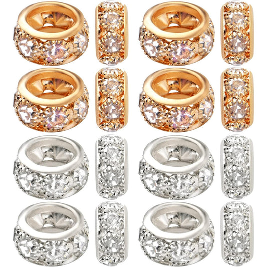 Large Hole Spacer Beads, 40pcs 12 mm Crystal Rhinestone European Beads Brass Rondelle Charm Spacers Loose Beads Crafts Supplies for DIY Snake Chain Bracelets Jewelry Making, Gold, Silver
